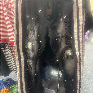 Black Distressed Men's Jeans with Stripes